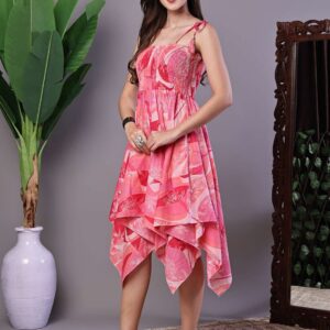 Women's Pink Printed Cotton Handkerchief Hem Midi Dress Midi Dresses